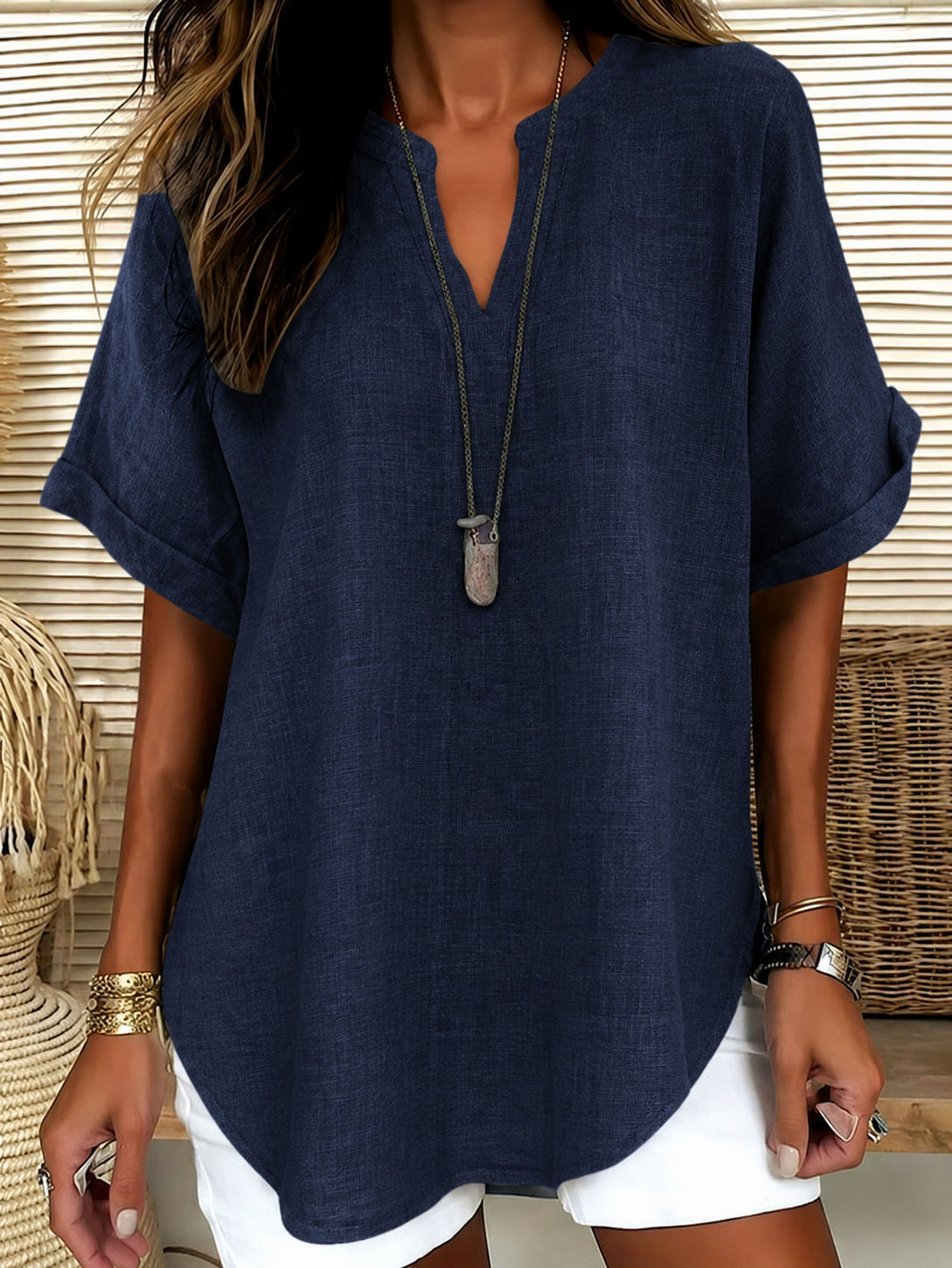 🔥Women's Plain Short Sleeve Blouse, Casual Solid Color Top for Daily Wear, Ladies Clothes for All Seasons