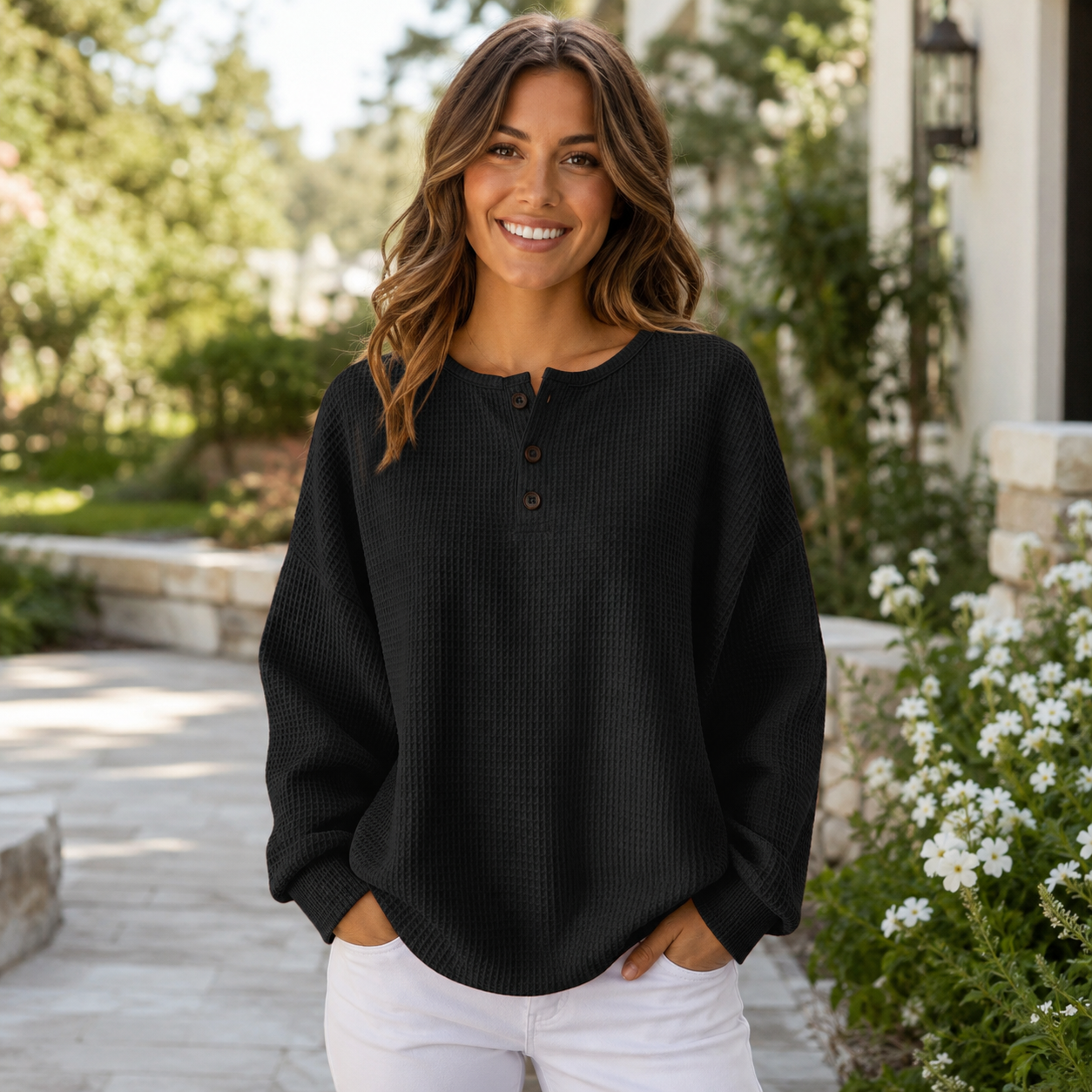 🍂 Cozy & Casual Women’s Waffle Henley Top – Relaxed Fit, S–5XL
