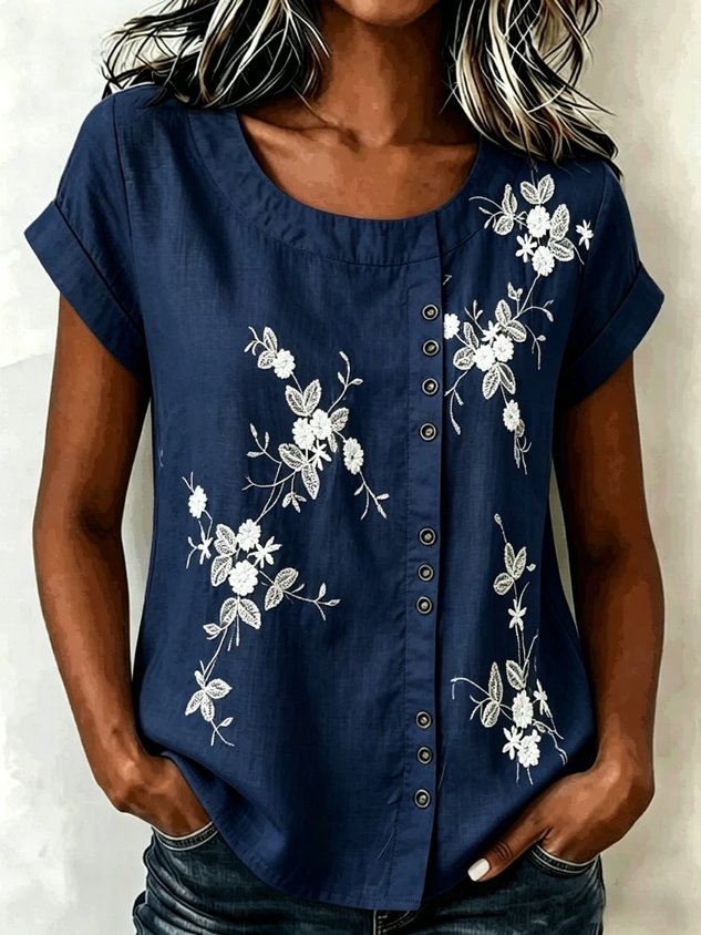 Crew Neck Short Sleeve 3D Printing Regular Loose Blouse For Women