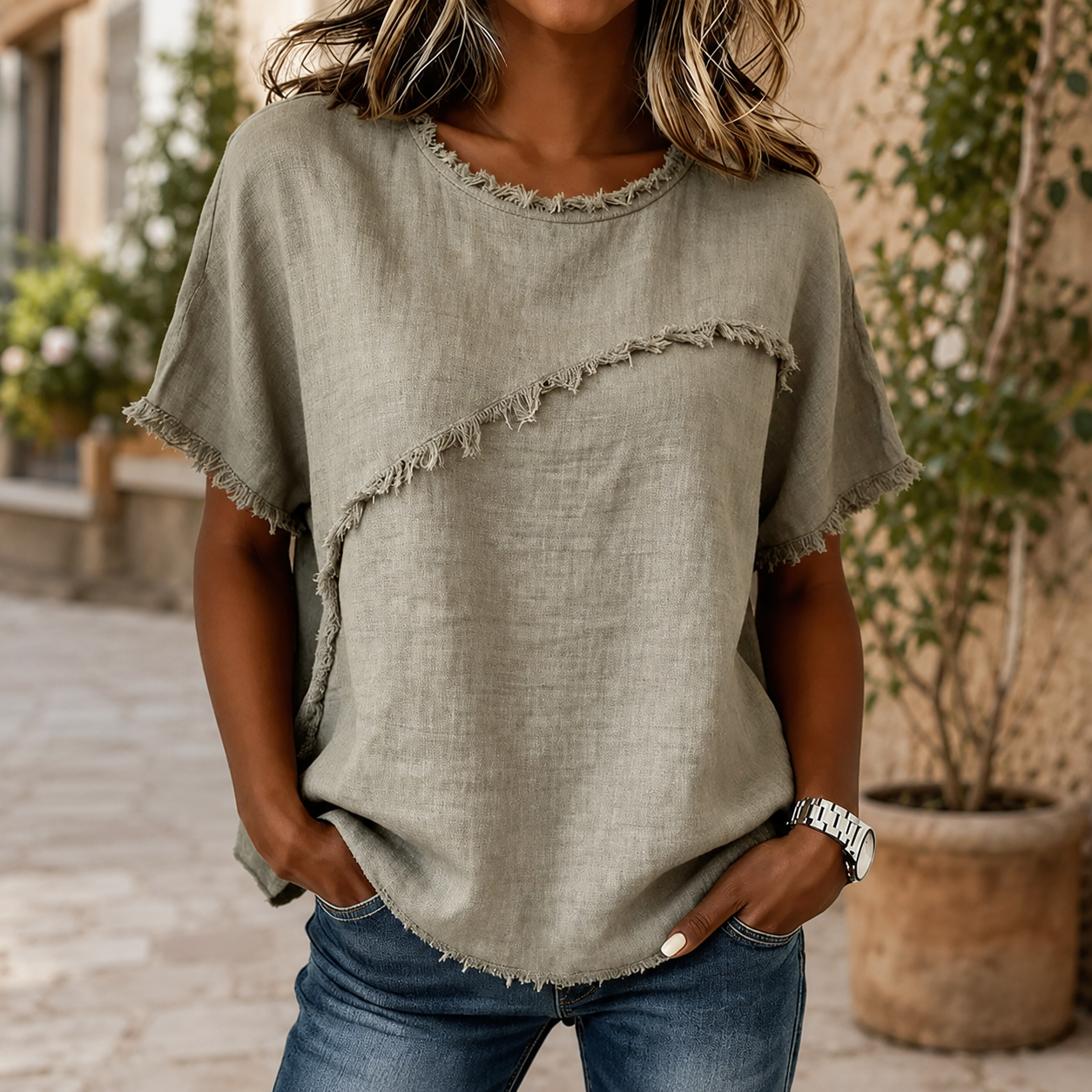 Casual Women's Linen-Look Blouse - Special Fringe, Relaxed Style
