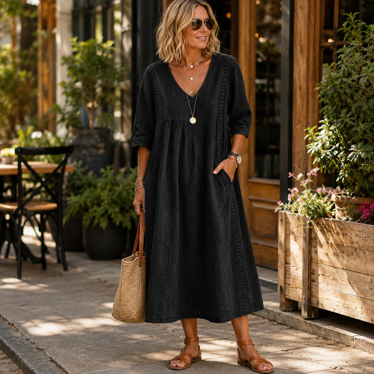 🌿 Effortless Elegance — Women’s Lace-Trim Midi Dress with Pockets ✨