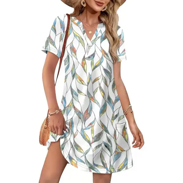 🔥 Women 2026 Casual Summer V Neck Dress Short Sleeve Fashion Beach Vacation Clothes