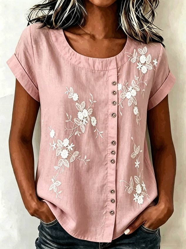 Crew Neck Short Sleeve 3D Printing Regular Loose Blouse For Women