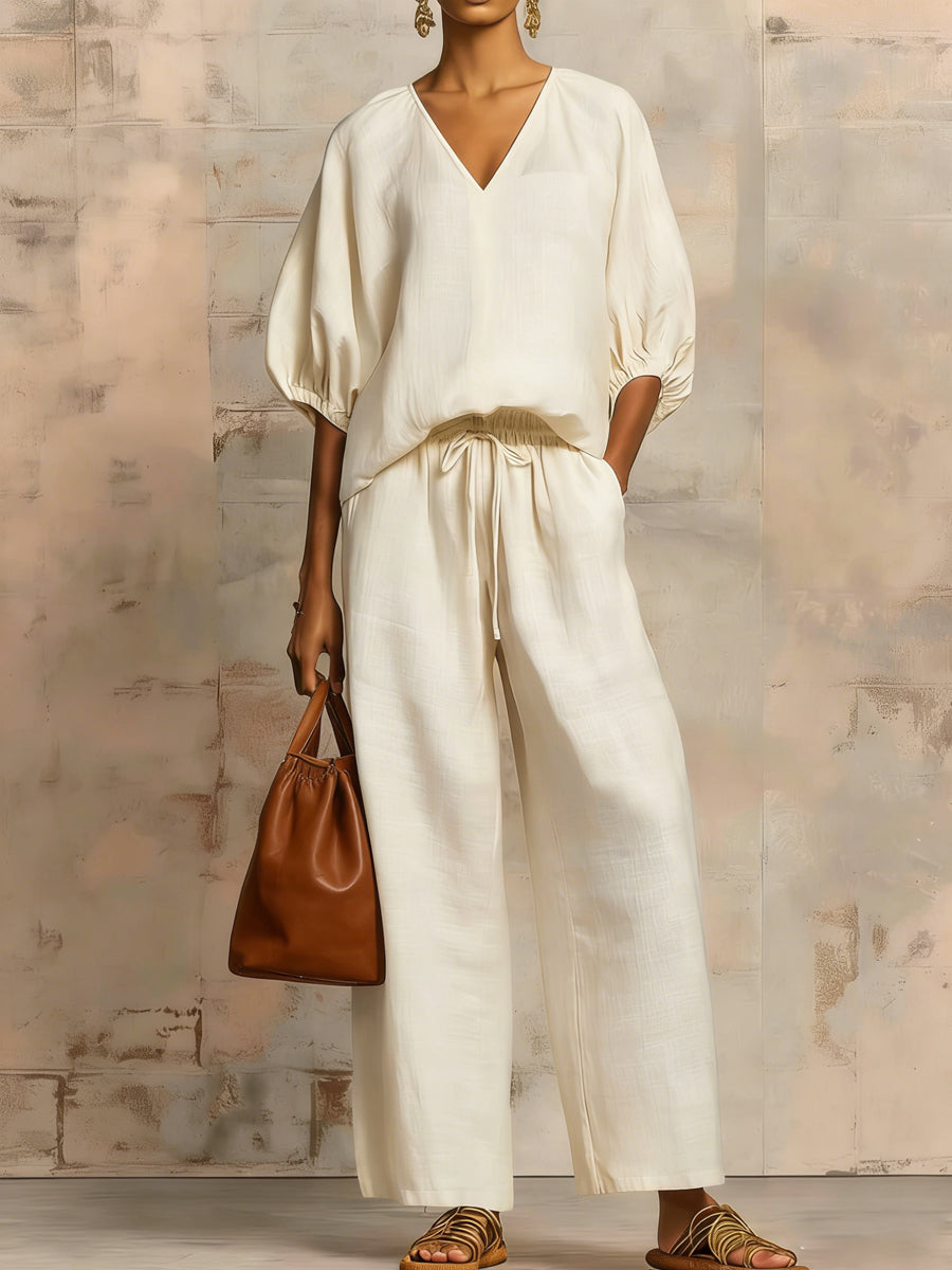Women's Minimalist Casual Cotton-linen V-neck Set