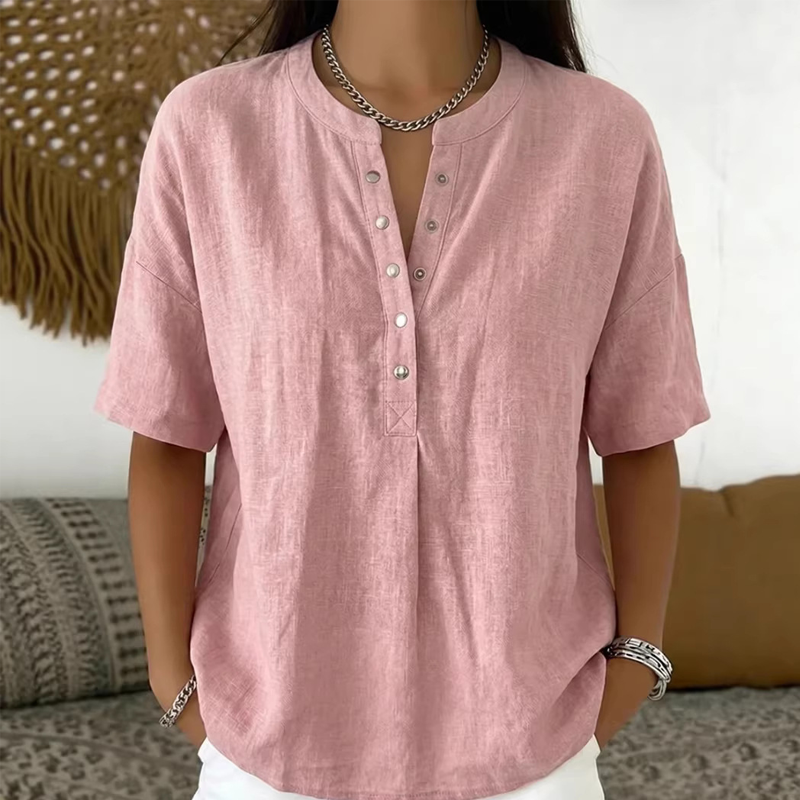 🎁2026 Nouveauté – Jusqu’à -70 % 🔥 Haut Femme Uni Décontracté à Coupe Ample – Boutonnage Henley & Mélange Coton-Lin