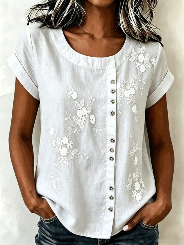 Crew Neck Short Sleeve 3D Printing Regular Loose Blouse For Women