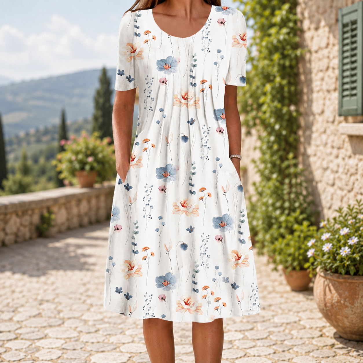 🌸 Luftiges Damenkleid mit floralen Designs und praktischen Taschen