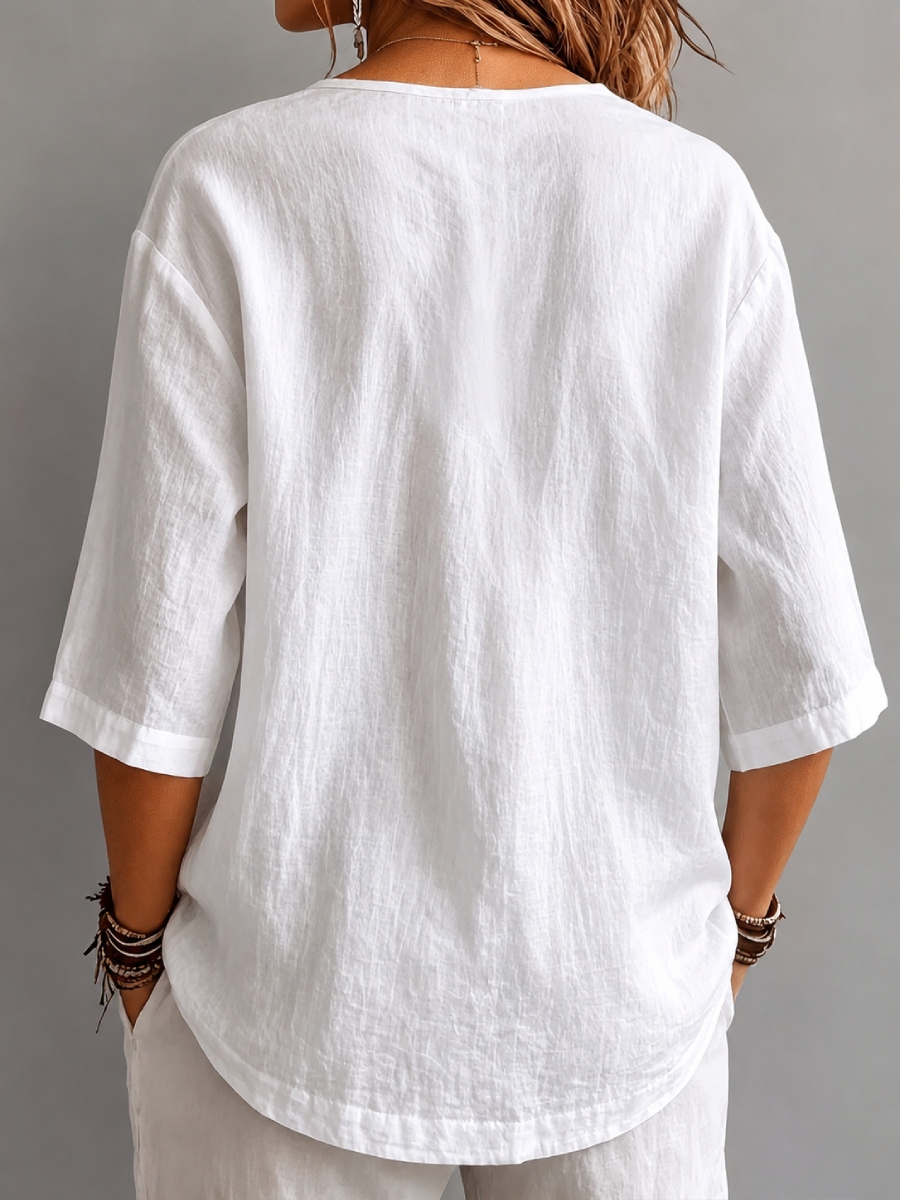Nouveauté 🔥 Chemise plissée à col rond et manches trois-quarts pour femme