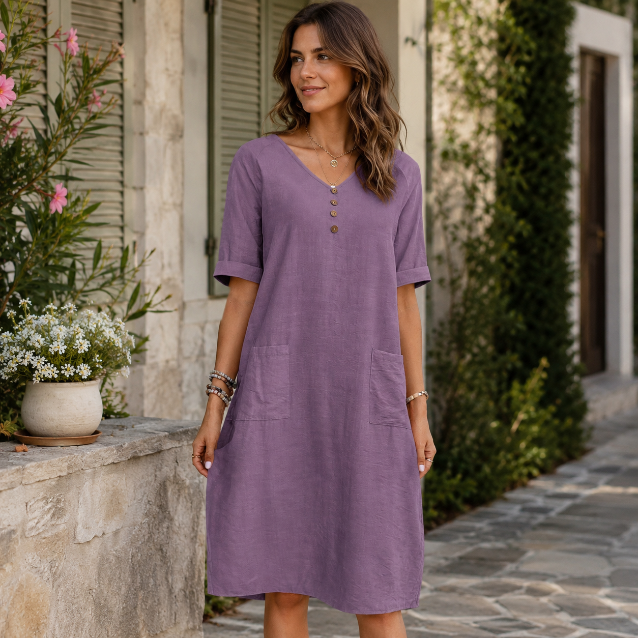 Airy Midi Dress with V-Neck and Pockets - Comfortable, Feminine and Versatile