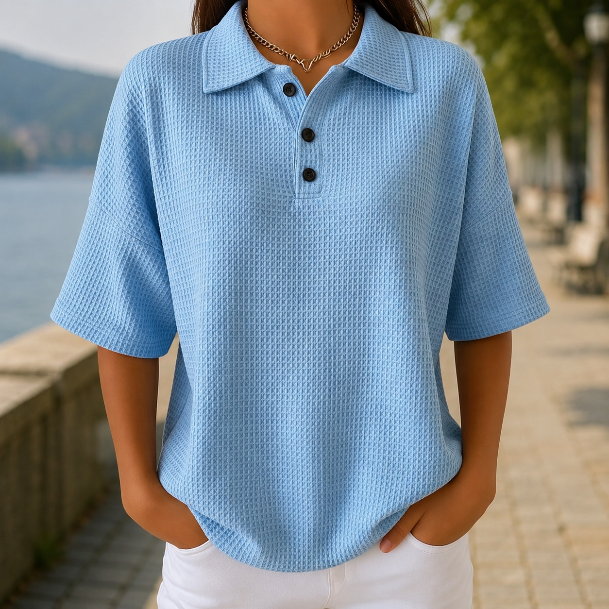 Airy Women's Textured Waffle Polo Shirt