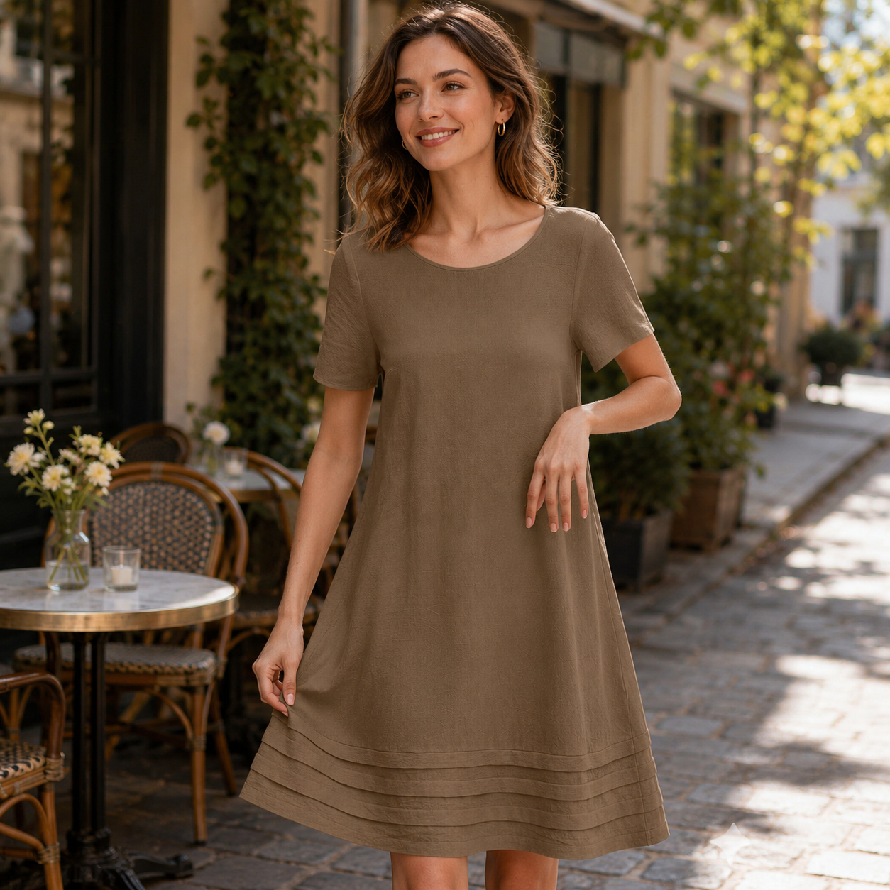 🌿 Luftiges A-Linien-Sommerkleid mit Rundhalsausschnitt und elegantem Stufensaum