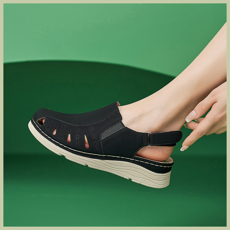 Sandales de marche orthopédiques décontractées à talon compensé et à bout ouvert, avec fermeture Velcro