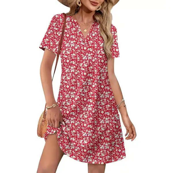 🔥 Women 2026 Casual Summer V Neck Dress Short Sleeve Fashion Beach Vacation Clothes