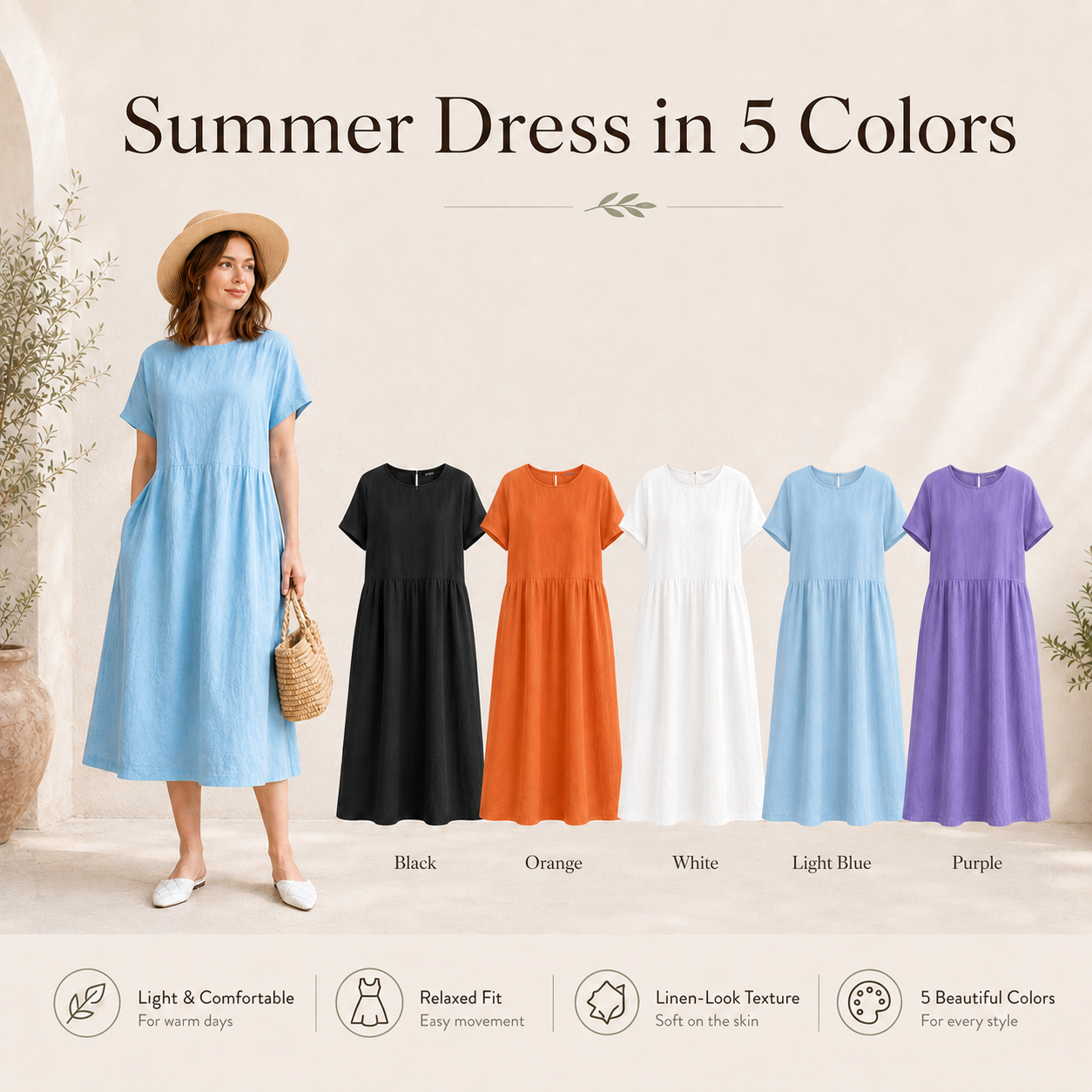 Airy Linen-Look Summer Dress with Relaxed Fit