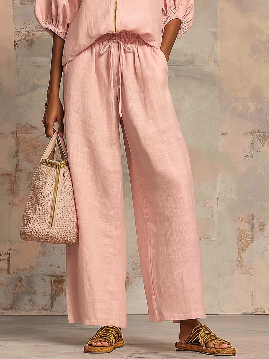 New Arrivals🔥 Stylish Cozy Zipper Shirt & Wide-Leg Pants Linen Cotton Two-Piece Set