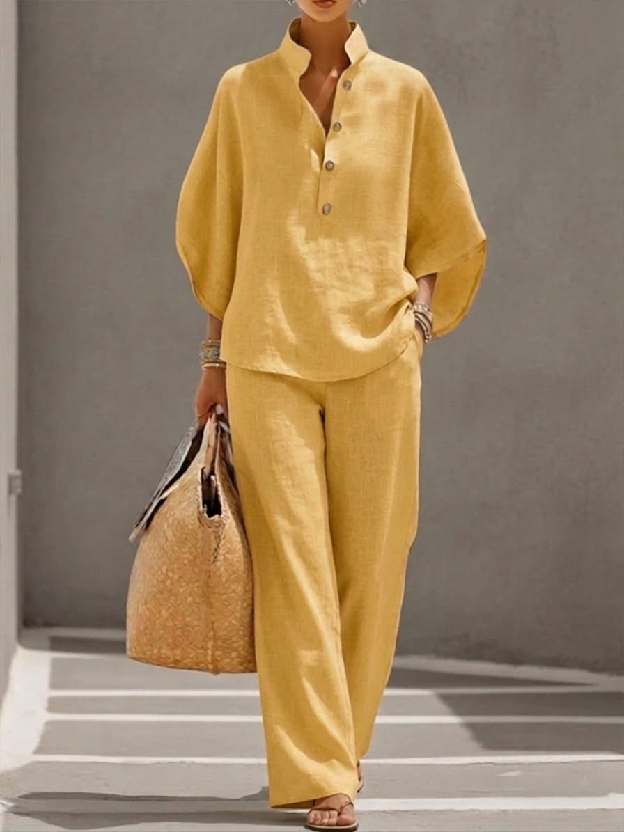 Women’s Batwing Sleeve Linen Cotton Two-Piece Set – Casual Shirt & Wide Leg Pants Outfit