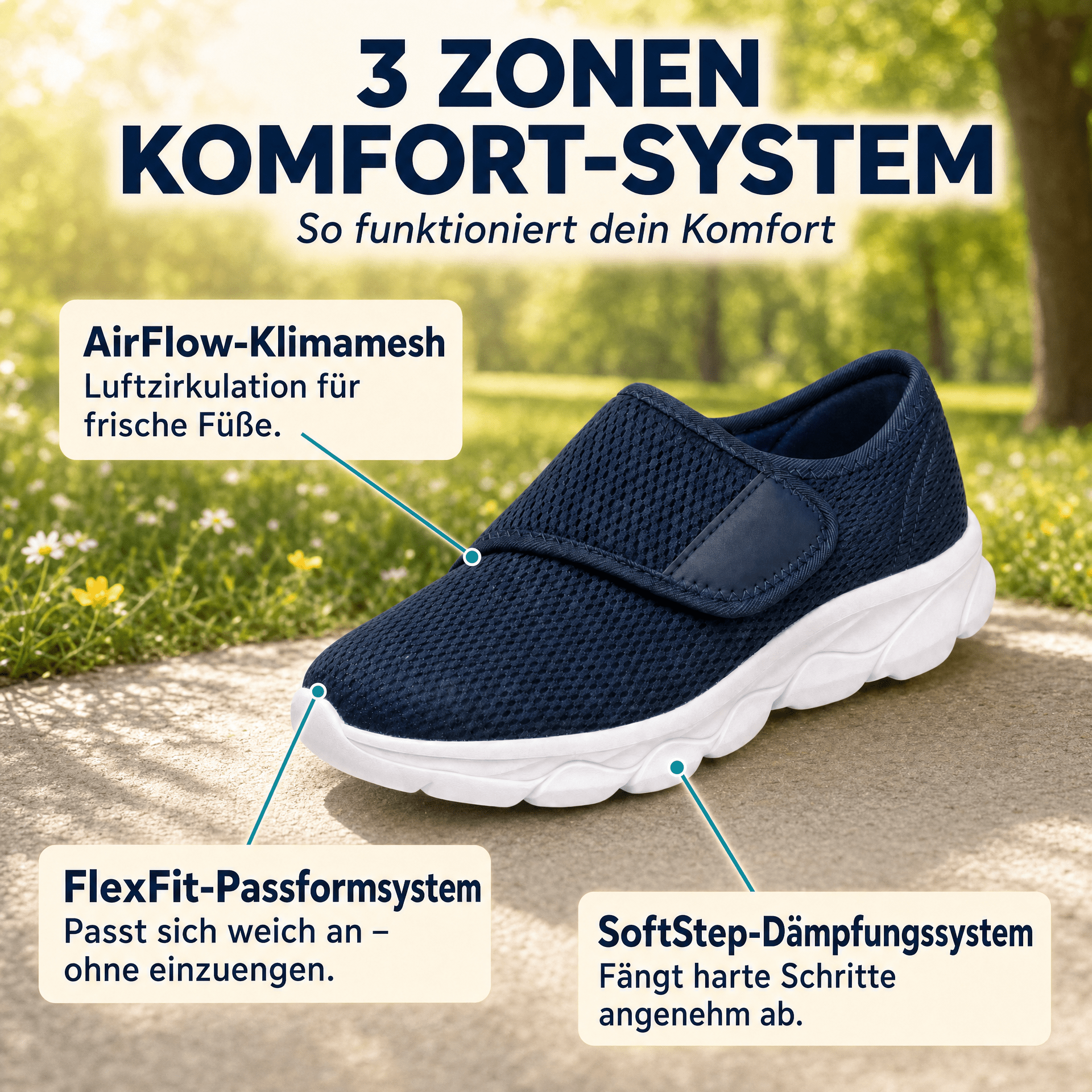 Leichte Komfortschuhe mit Klettverschluss – Atmungsaktiv, bequem & einfach anzuziehen