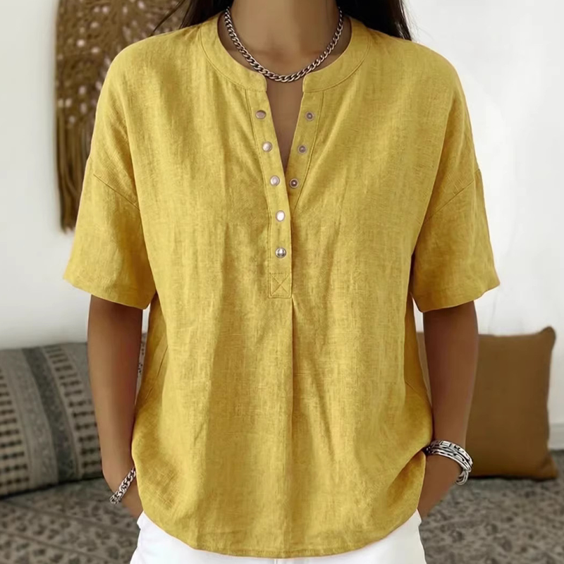 🎁2026 Nouveauté – Jusqu’à -70 % 🔥 Haut Femme Uni Décontracté à Coupe Ample – Boutonnage Henley & Mélange Coton-Lin