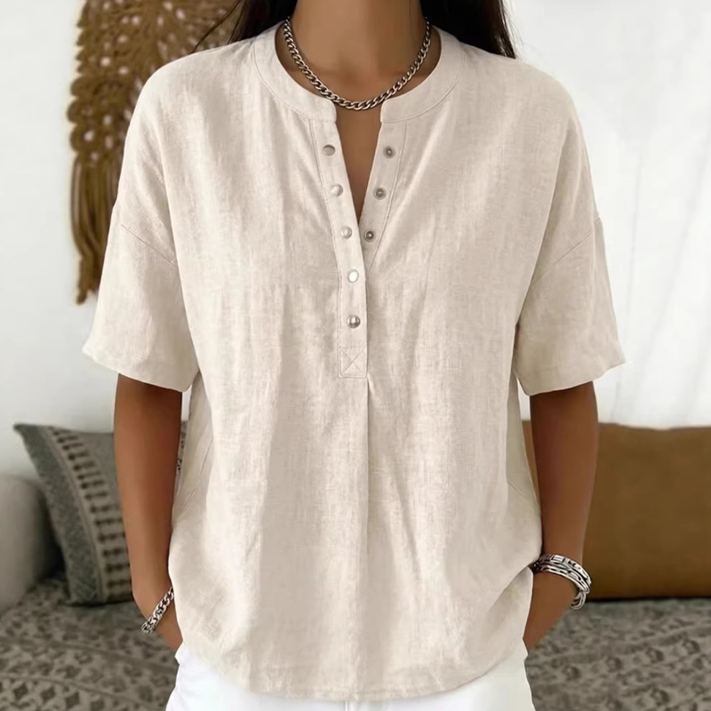 🎁2026 Nouveauté – Jusqu’à -70 % 🔥 Haut Femme Uni Décontracté à Coupe Ample – Boutonnage Henley & Mélange Coton-Lin