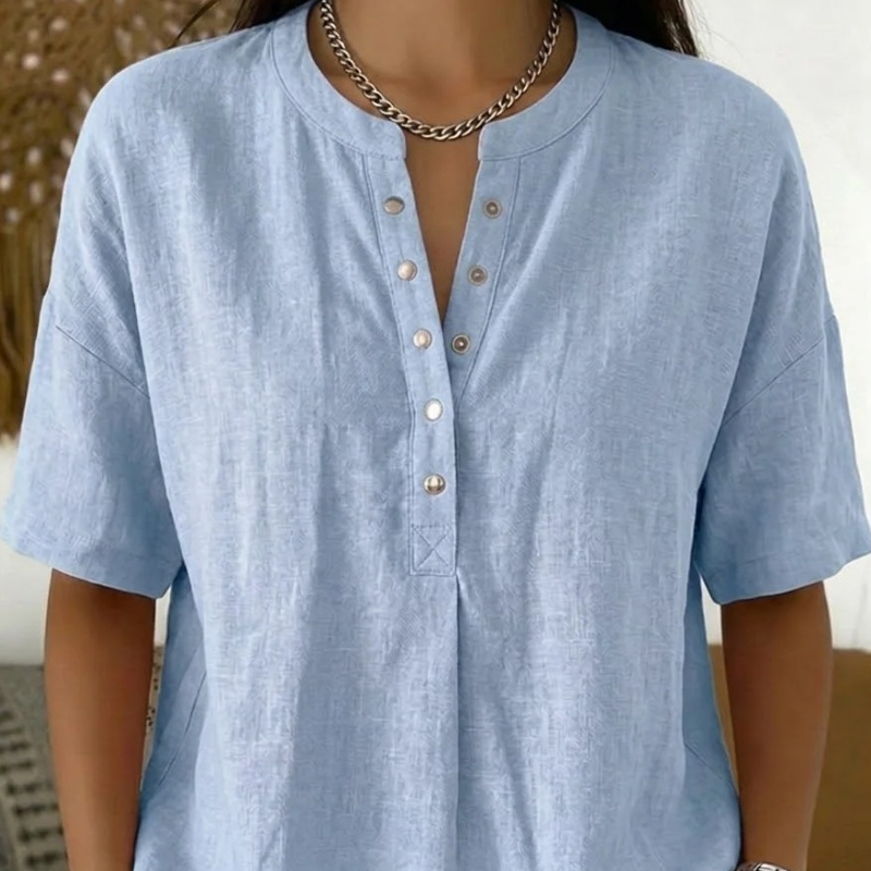 🎁2026 Nouveauté – Jusqu’à -70 % 🔥 Haut Femme Uni Décontracté à Coupe Ample – Boutonnage Henley & Mélange Coton-Lin