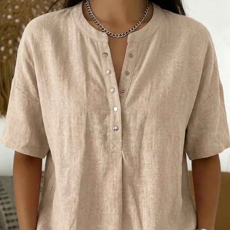 🎁2026 Nouveauté – Jusqu’à -70 % 🔥 Haut Femme Uni Décontracté à Coupe Ample – Boutonnage Henley & Mélange Coton-Lin