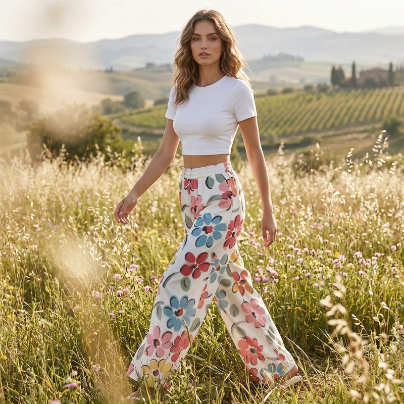 👖 50% DE RÉDUCTION ❤ Pantalon palazzo à jambes larges et imprimé floral pour femme – Tissu léger, taille élastique & coupe fluide – parfait pour l’été, la plage ou un look bohème chic 🌸