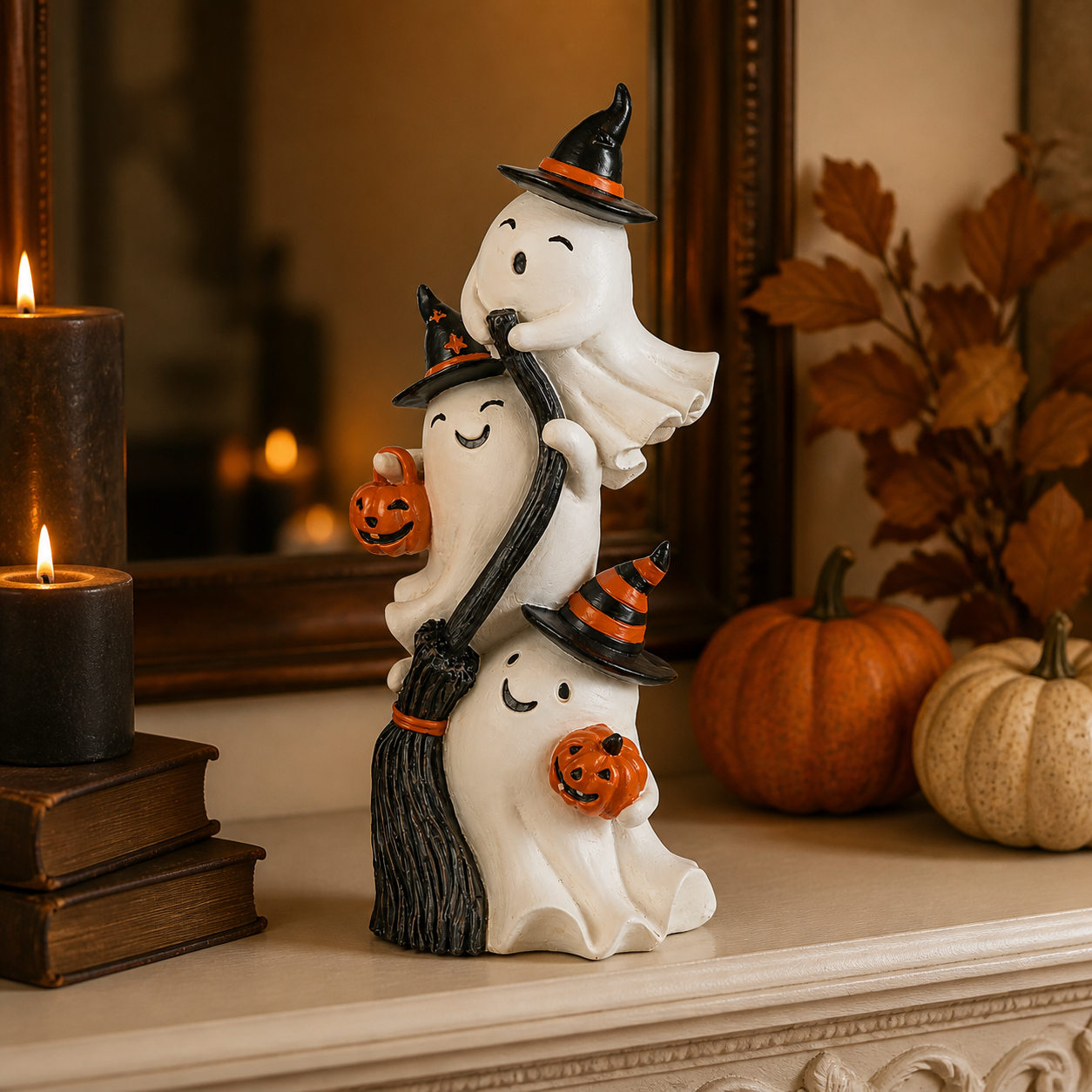 Décoration de fantômes sorciers empilés sur une cheminée d’Halloween