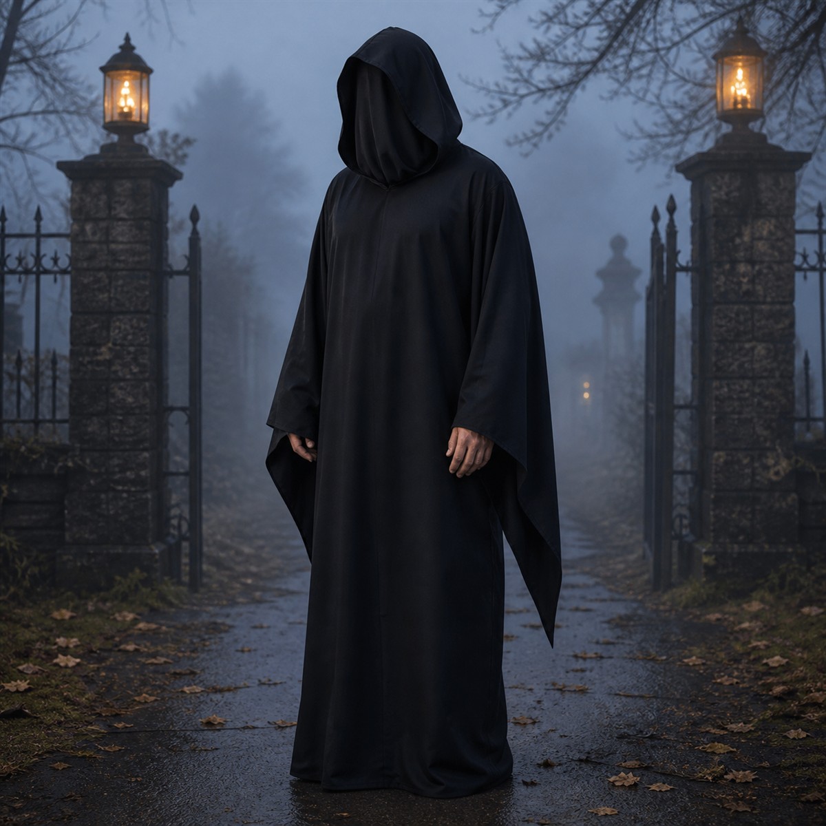 🌑 Silhouette de l’ombre | Longue robe noire de Faucheuse à capuche - présentation 1