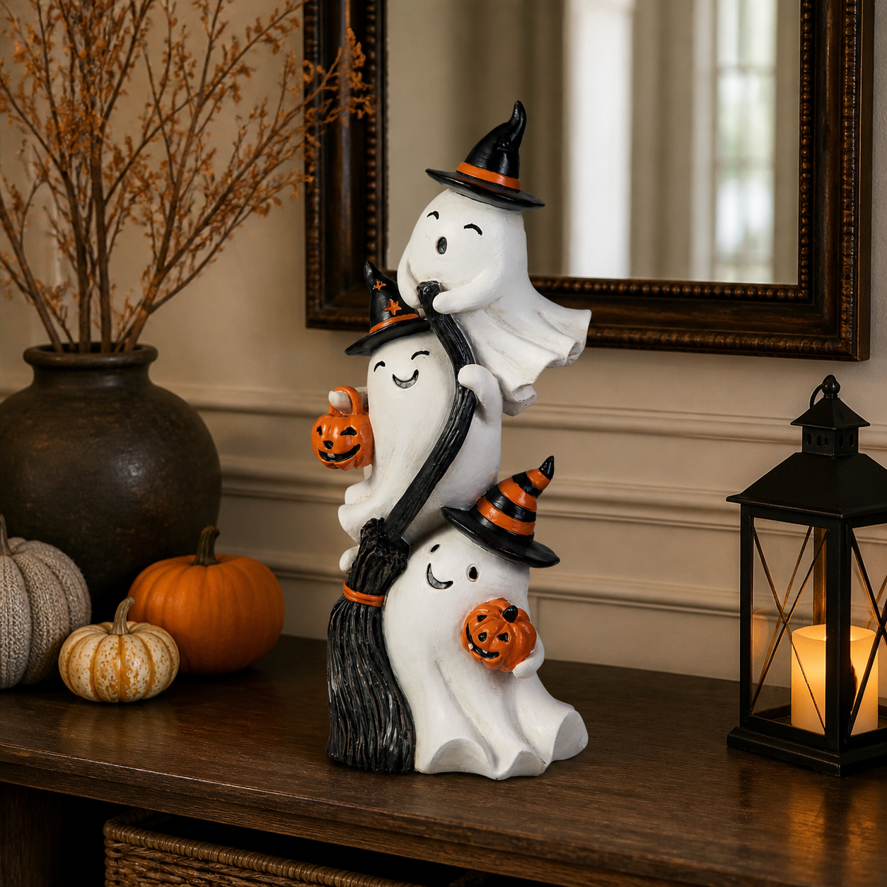 Décoration de fantômes sorciers empilés dans une entrée d’Halloween