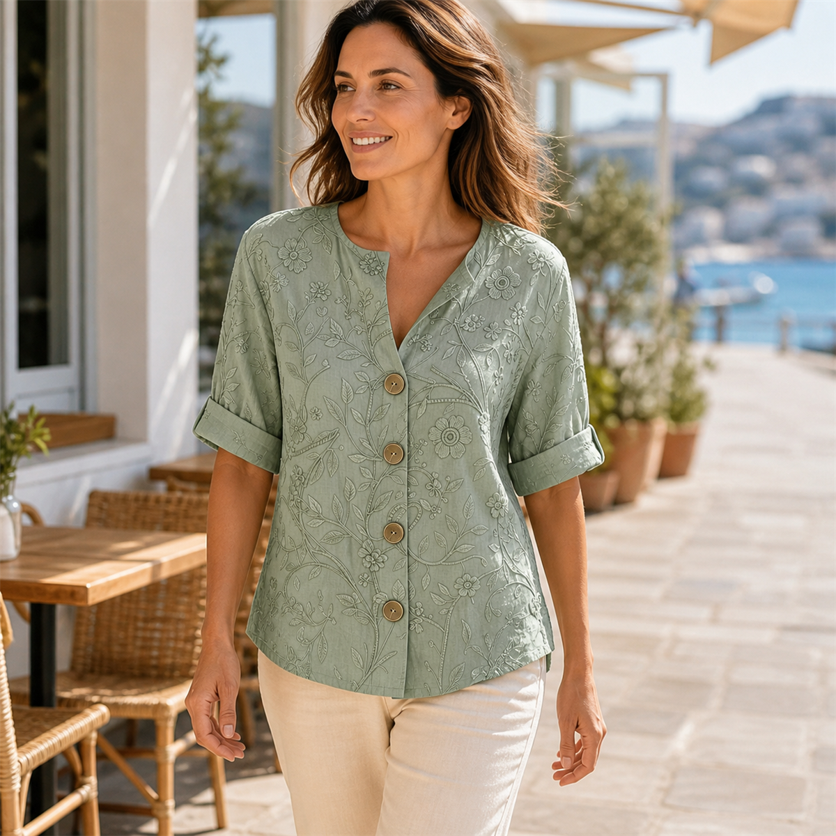Women embroidered floral short-sleeve button shirt - Relaxed weekend styling