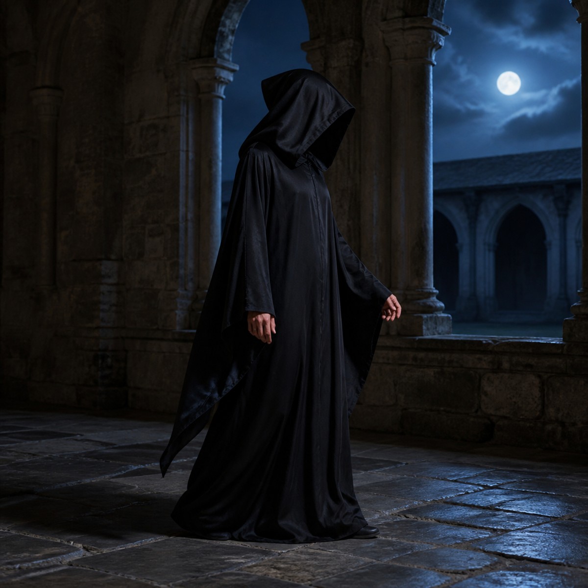 🌑 Silhouette de l’ombre | Longue robe noire de Faucheuse à capuche - présentation 2
