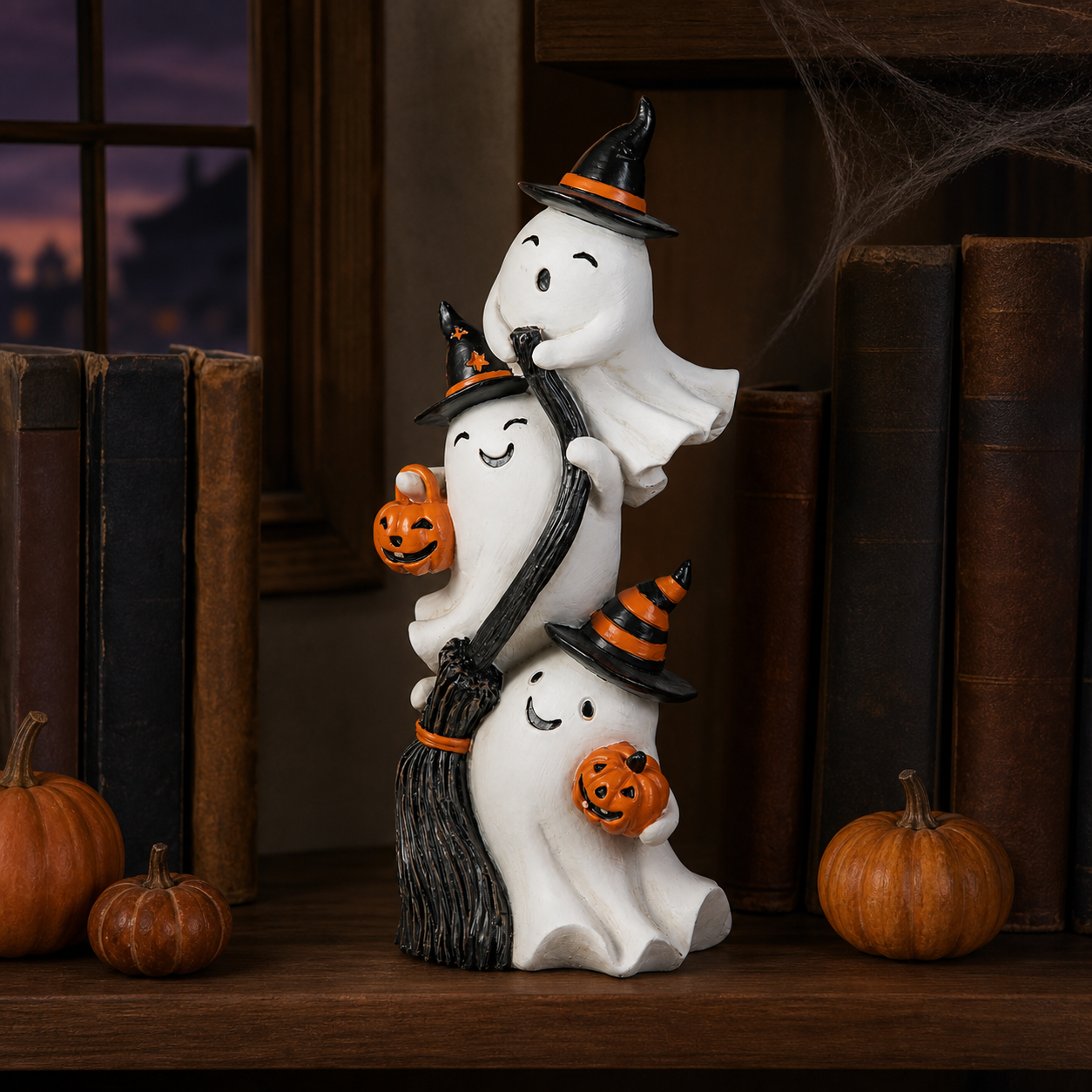 Décoration de fantômes sorciers empilés sur une bibliothèque d’Halloween
