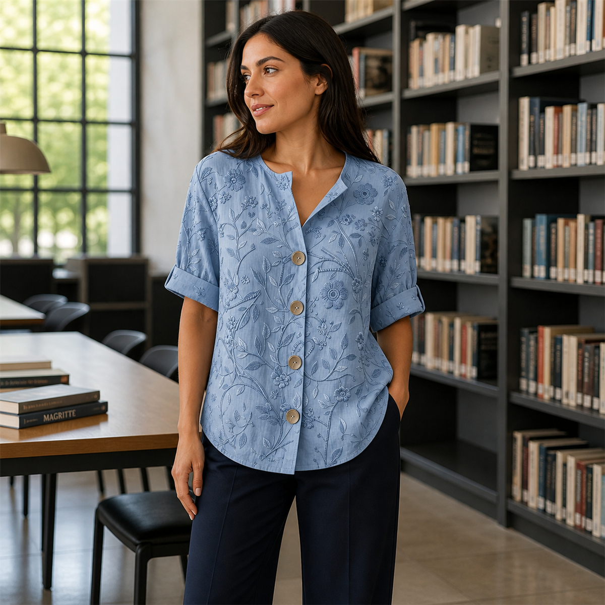 Women embroidered floral short-sleeve button shirt - Smart-casual cafe styling