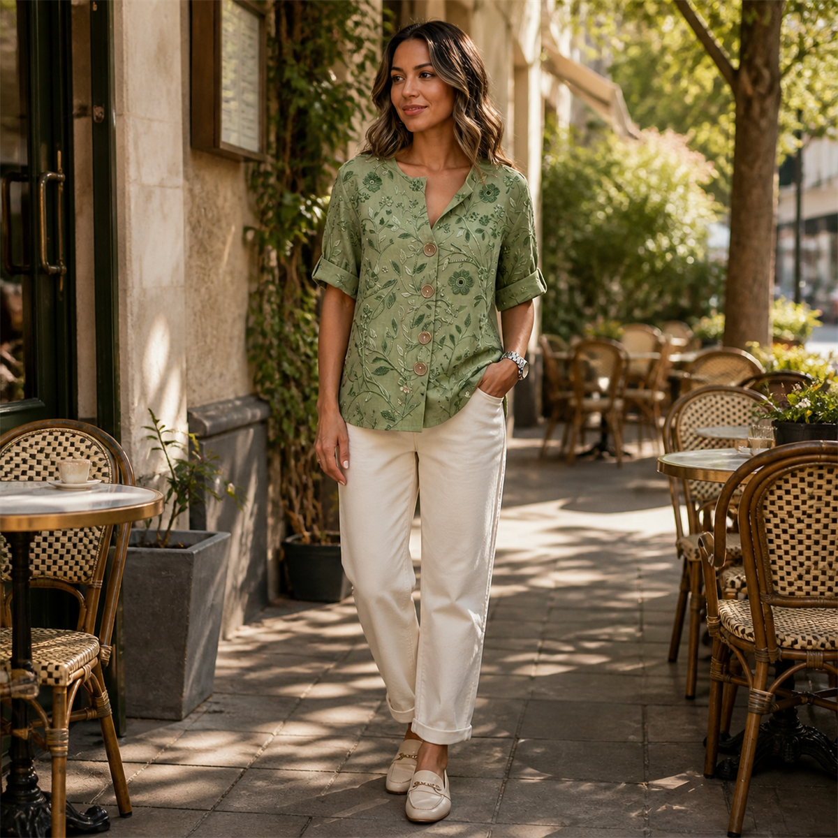 Chemisier femme brode a fleurs a manches courtes - Tenue chic et d&eacute;contract&eacute;e au caf&eacute;