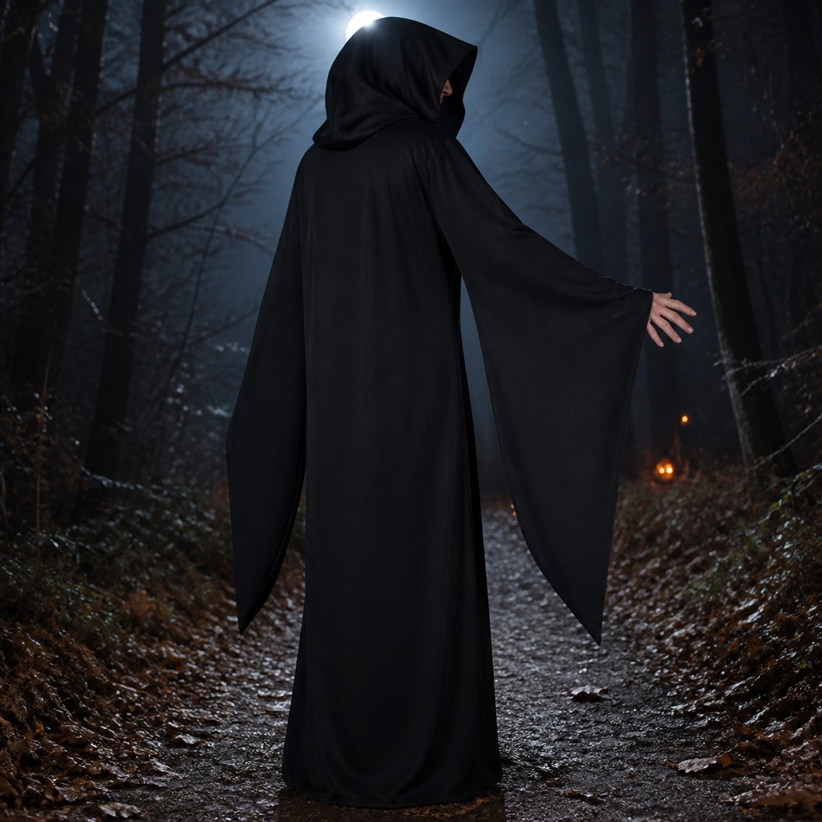 🌑 Silhouette de l’ombre | Longue robe noire de Faucheuse à capuche - présentation 3