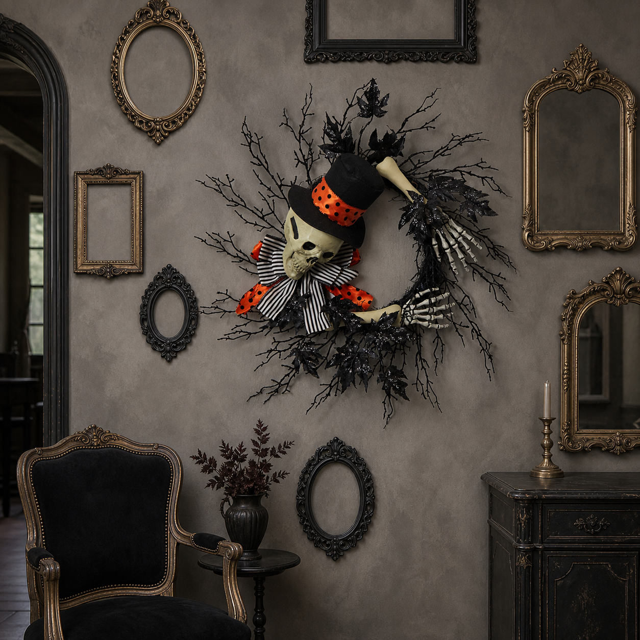 💀 Accueil macabre | Couronne décorative avec squelette élégant - présentation 3