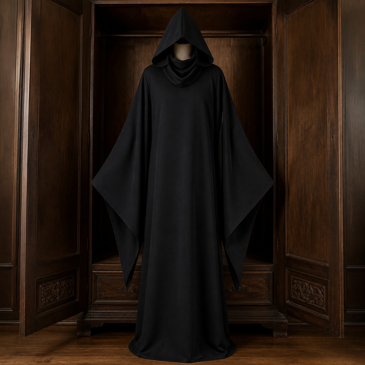 🌑 Silhouette de l’ombre | Longue robe noire de Faucheuse à capuche - présentation 4