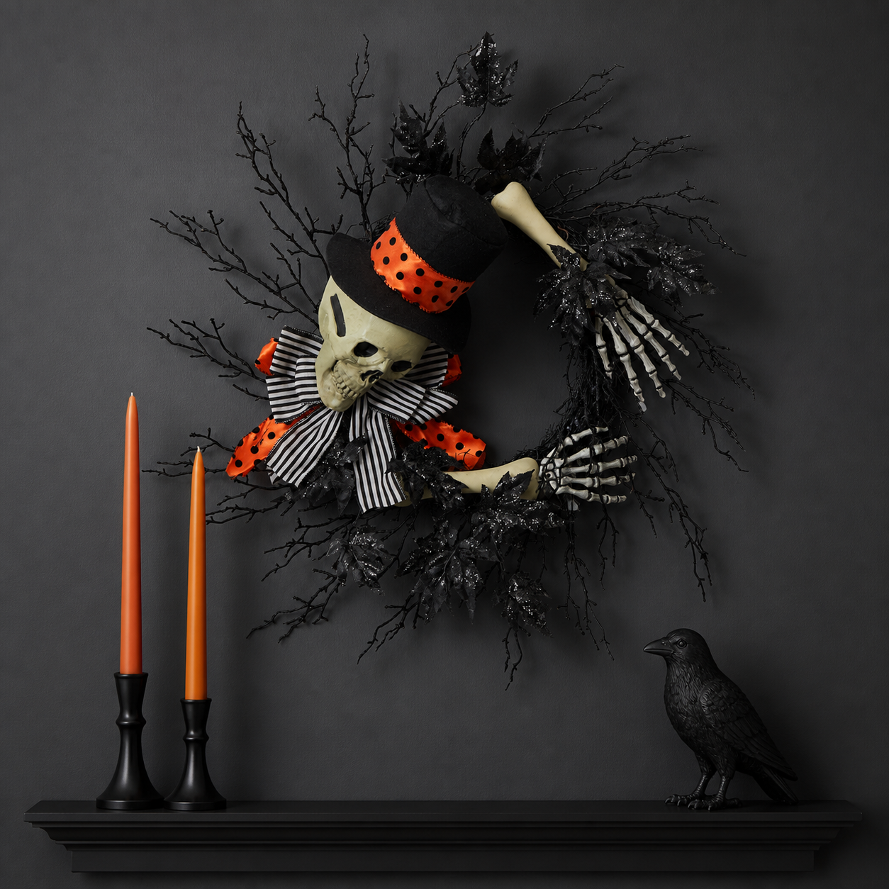 💀 Accueil macabre | Couronne décorative avec squelette élégant - présentation 4