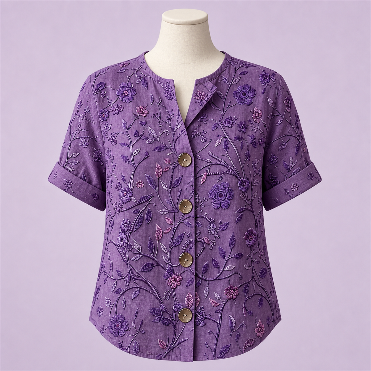Women embroidered floral short-sleeve button shirt - Complete garment view