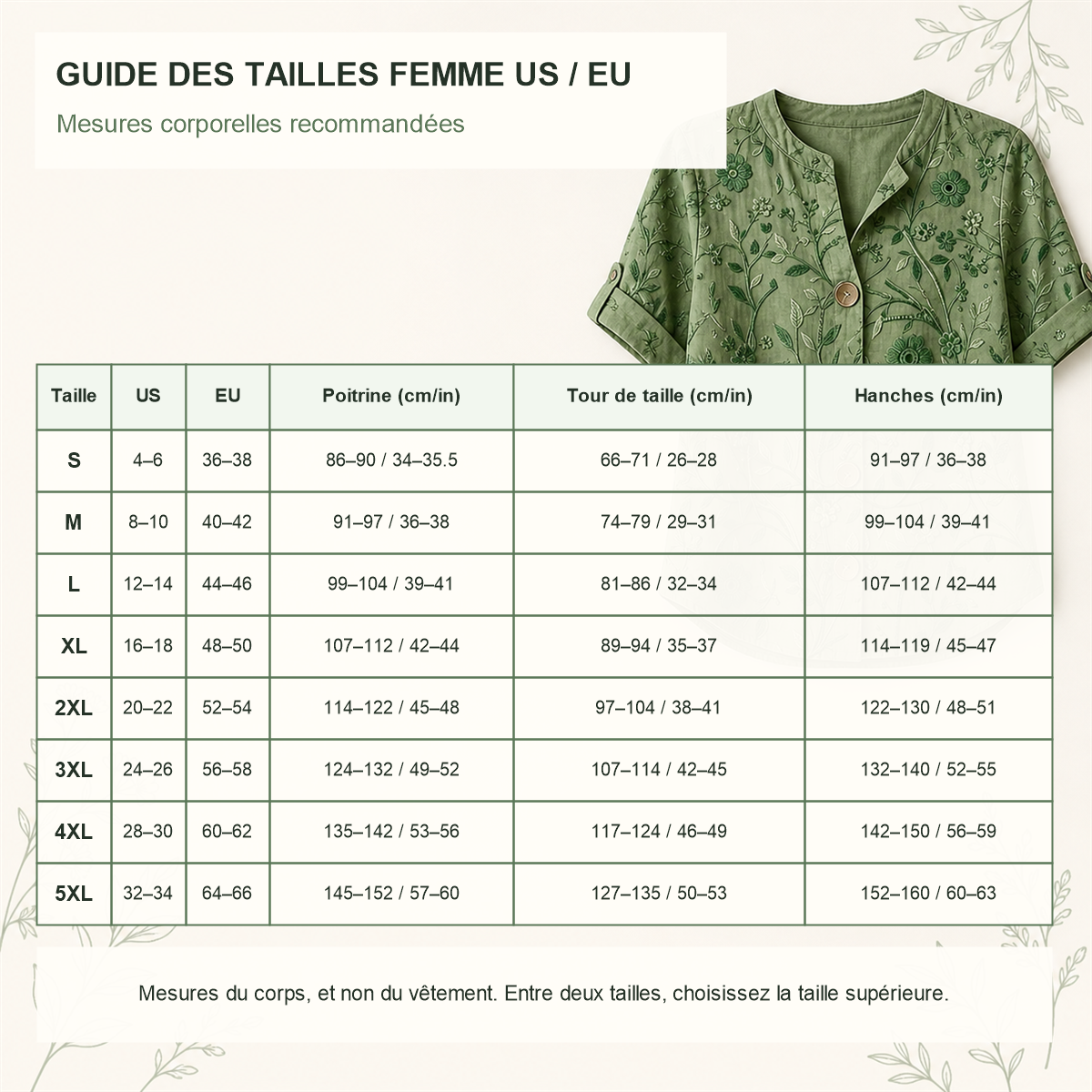 Chemisier femme brode a fleurs a manches courtes - Guide de choix des tailles US et UE