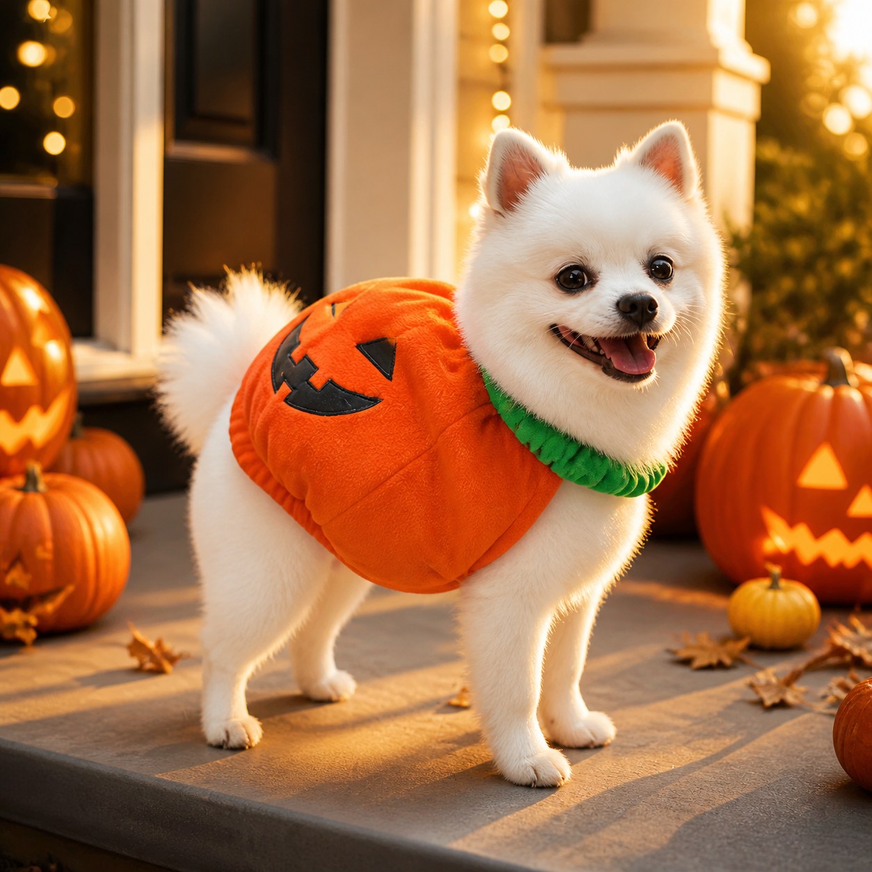 Small Pomeranian wearing the plush pumpkin pet costume on a Halloween porch