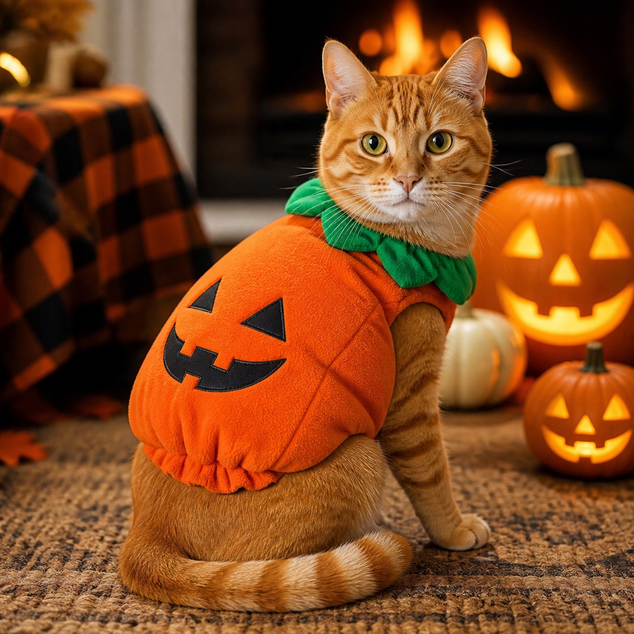 Orange tabby cat wearing the plush pumpkin costume indoors