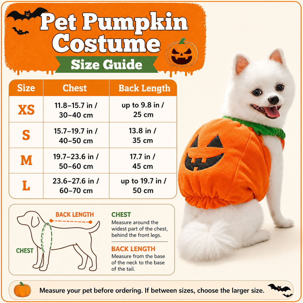 Pet pumpkin costume size guide with chest and back length in inches and centimetres
