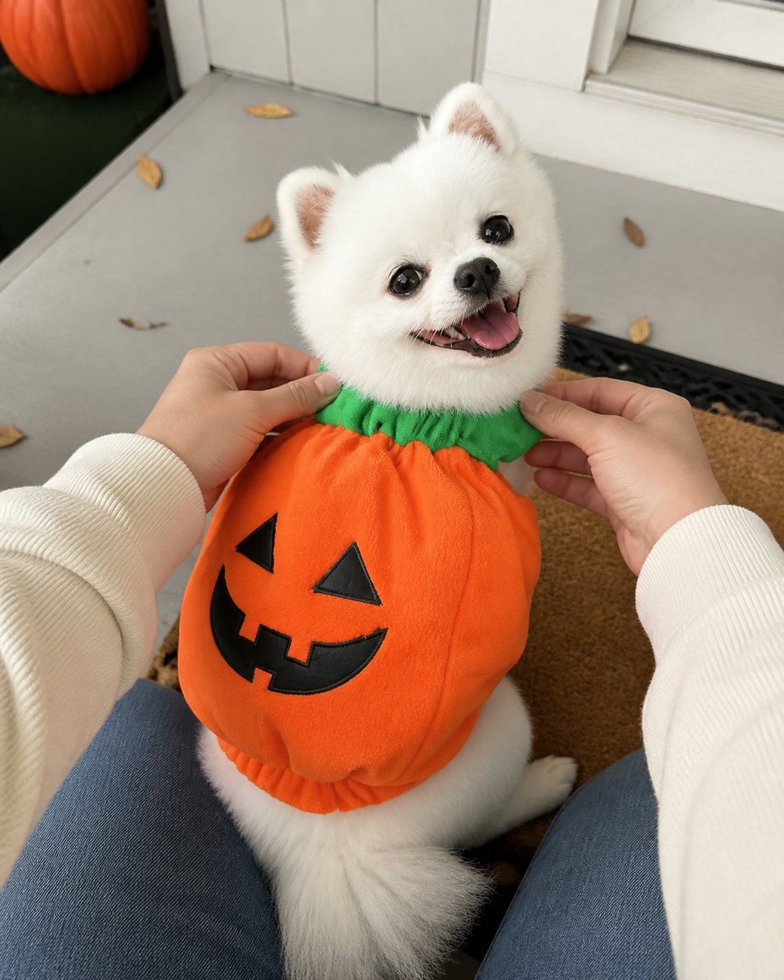 Pumpkin pet costume style inspiration: first-person fitting