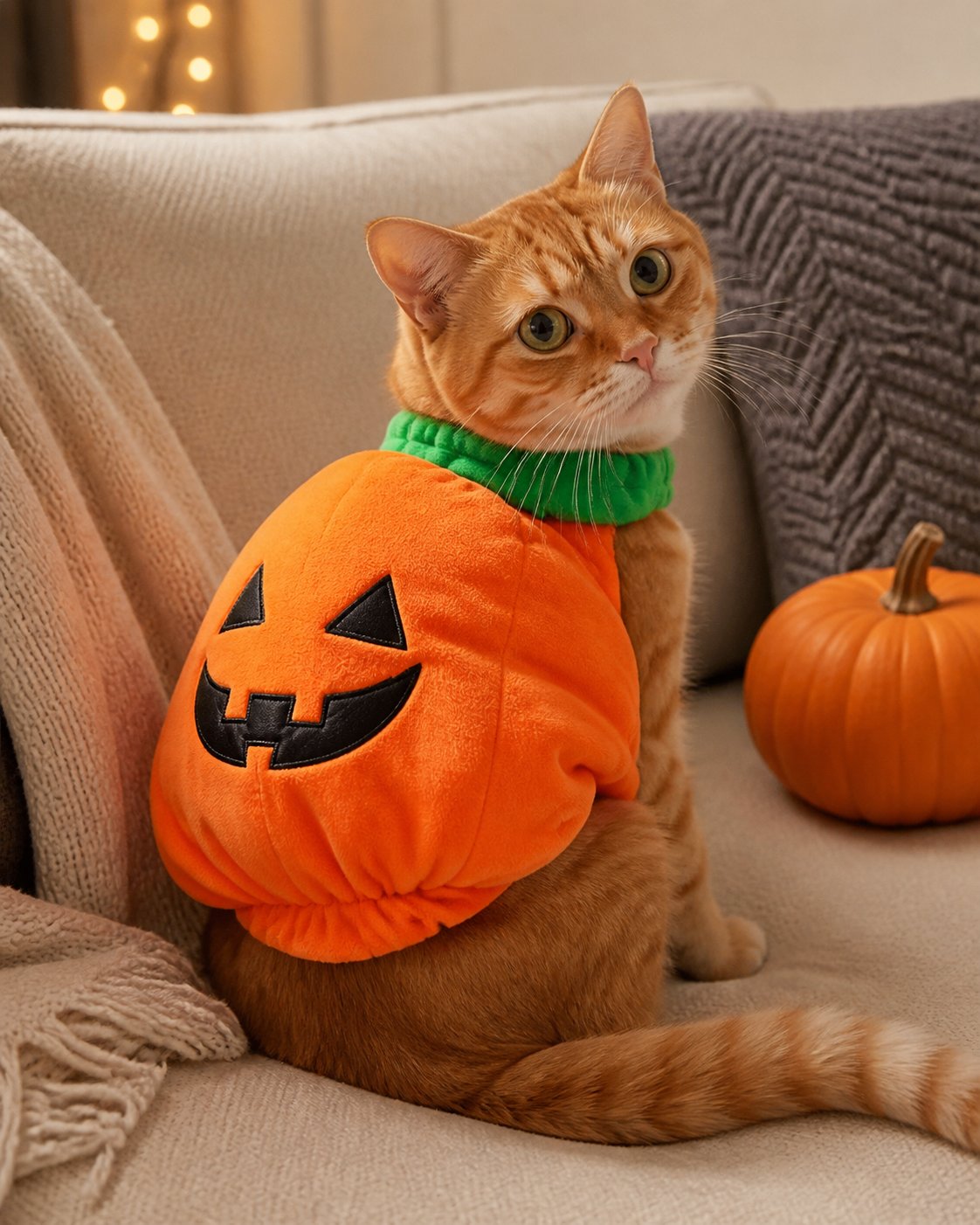 Pumpkin pet costume style inspiration: cozy cat scene
