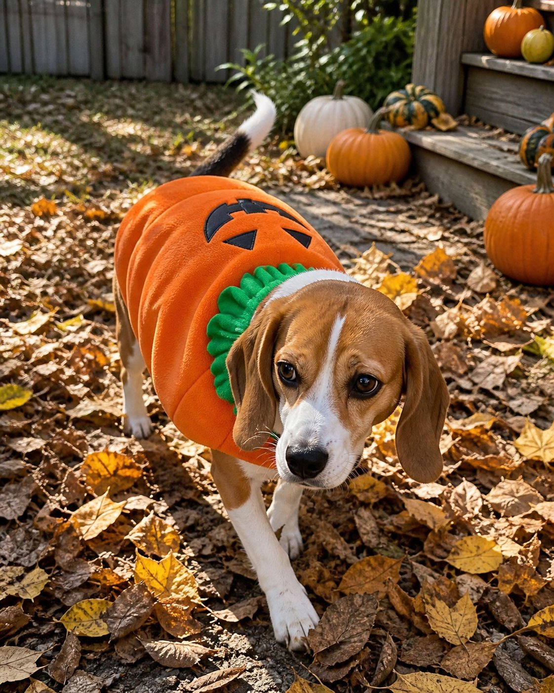 Pumpkin pet costume style inspiration: autumn backyard