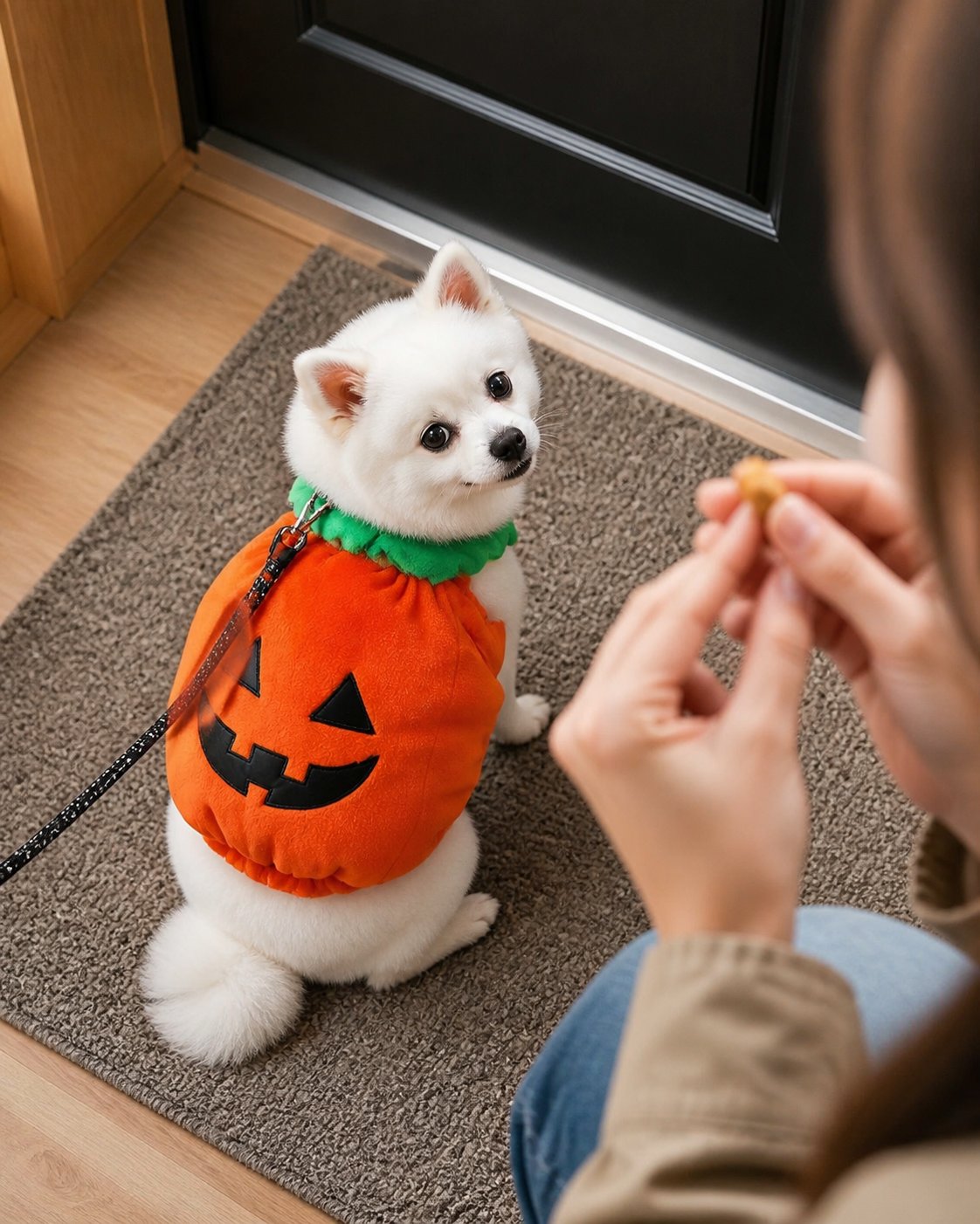 Pumpkin pet costume style inspiration: ready at the door