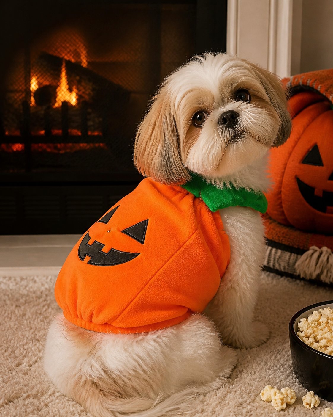 Pumpkin pet costume style inspiration: movie-night scene
