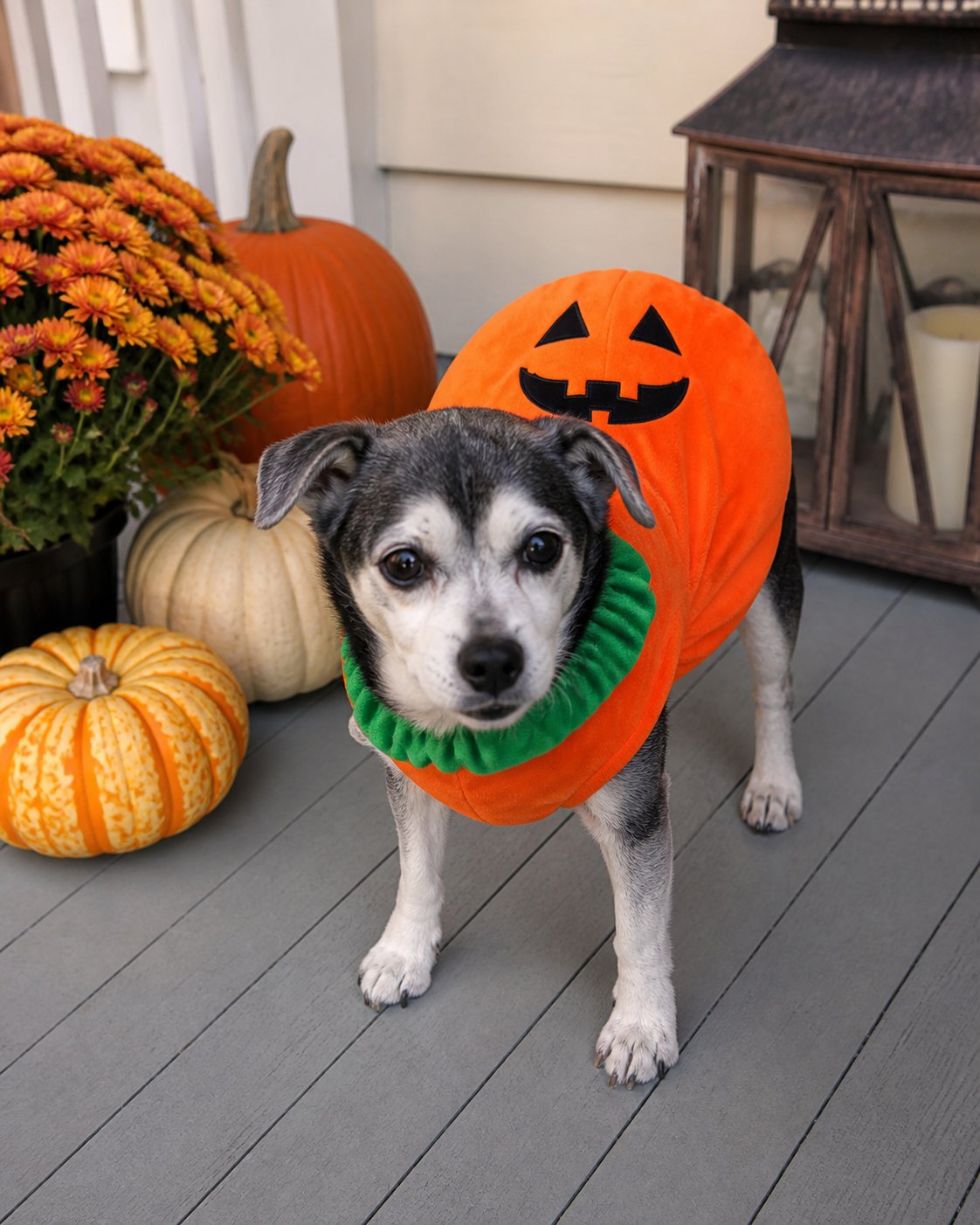 Pumpkin pet costume style inspiration: quiet porch visit