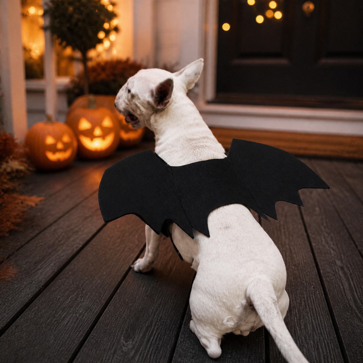 Bouledogue français portant des ailes de chauve-souris noires sur un porche décoré pour Halloween